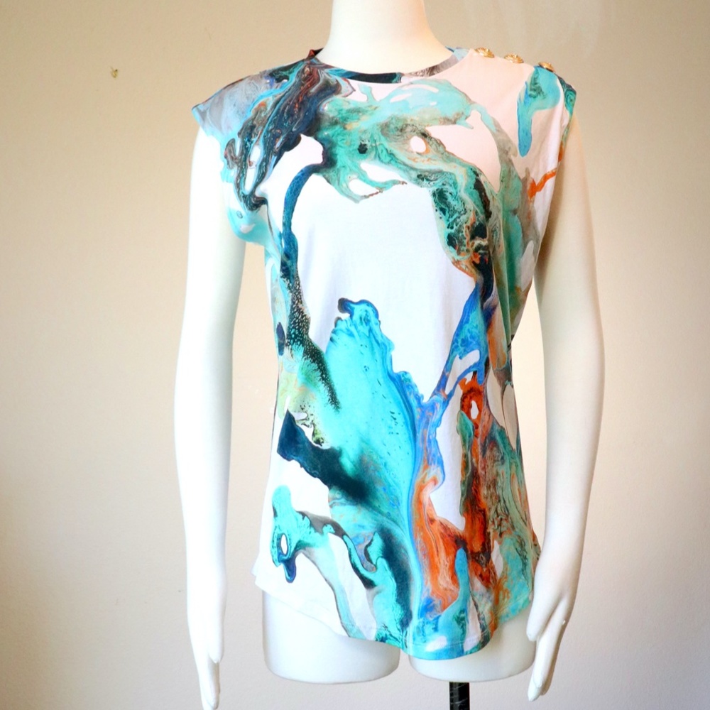 Sleeveless cotton Balmain top in an abstract watercolor print - Picture 3 of 11